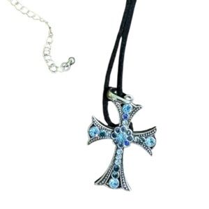 Lia Sophia Retired DIVINITY Cross Necklace Blue Rhinestone Black Cord 16-19”